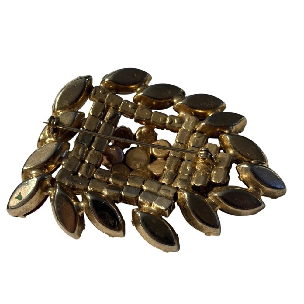 VTG Red Brooch Pin Navette and Round Rhinestone Gold Tone Large Statement Chunky - Picture 13 of 16